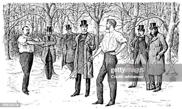 two frenchmen preparing to settle an argument with duelling swords - dueling stock illustrations