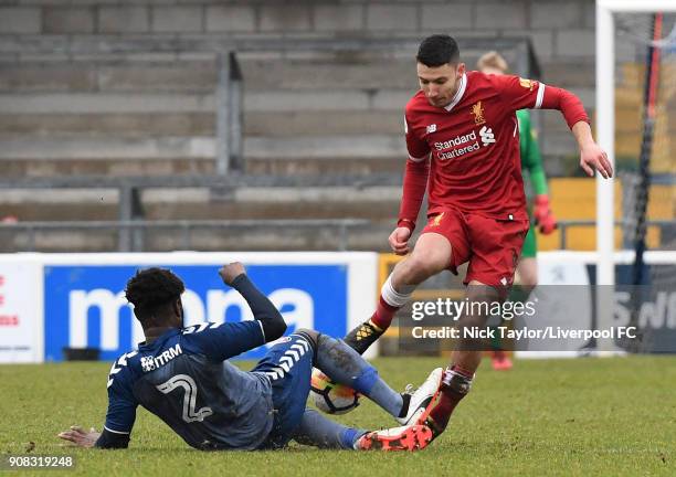 Paulo Alves of Liverpool and Kenneth Yao of Charlton Athletic during the Liverpool U23 v Charlton Athletic U23 Premier League Cup game at The...