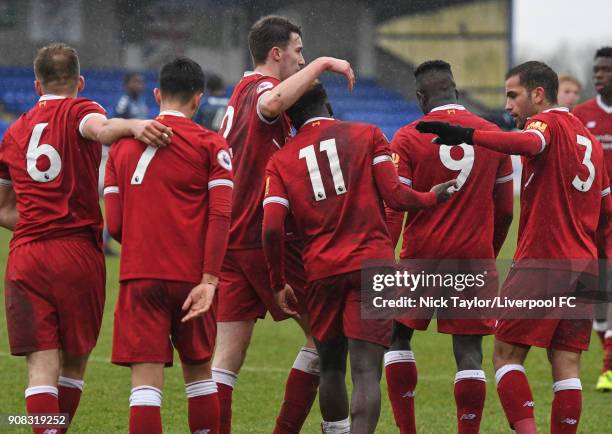 Bobby Adekanye of Liverpool celebrates his second goal with his team mates during the Liverpool U23 v Charlton Athletic U23 Premier League Cup game...