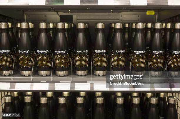 Water bottles are displayed for sale at the Amazon Go store in Seattle, Washington, U.S., on Wednesday, Jan. 17, 2018. After more than a year of...
