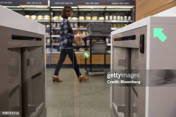 An turnstile entrance to the Amazon Go store is seen in Seattle, Washington, U.S., on Wednesday, Jan. 17, 2018. After more than a year of testing...
