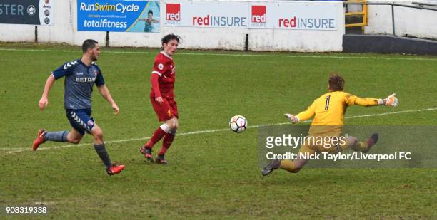 Harry Wilson of Liverpool scores the fourth goal for Liverpool during the Liverpool U23 v Charlton Athletic U23 Premier League Cup game at The...