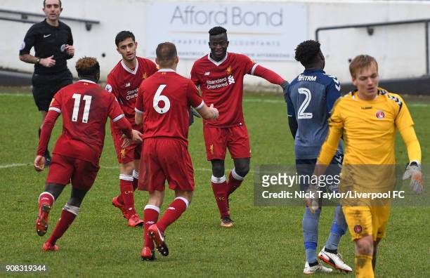 Toni Gomes of Liverpool celebrates his goal with team mates during the Liverpool U23 v Charlton Athletic U23 Premier League Cup game at The Swansway...