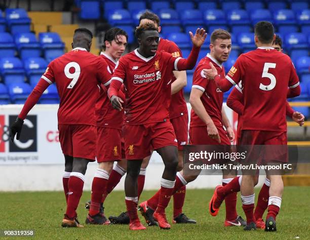 Bobby Adekanye of Liverpool celebrates his opening goal with his team mates during the Liverpool U23 v Charlton Athletic U23 Premier League Cup game...