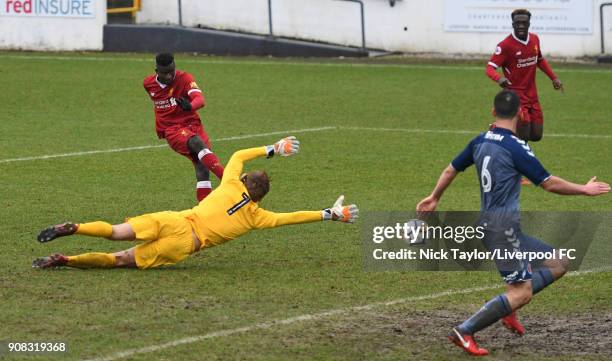 Toni Gomes of Liverpool scores the third goal for Liverpool during the Liverpool U23 v Charlton Athletic U23 Premier League Cup game at The Swansway...