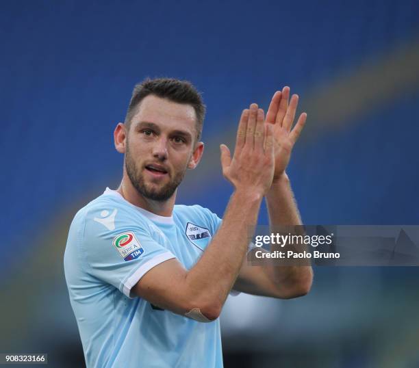 Stefan De Vrij of SS Lazio celebrates the victory after the Serie A match between SS Lazio and AC Chievo Verona at Stadio Olimpico on January 21,...