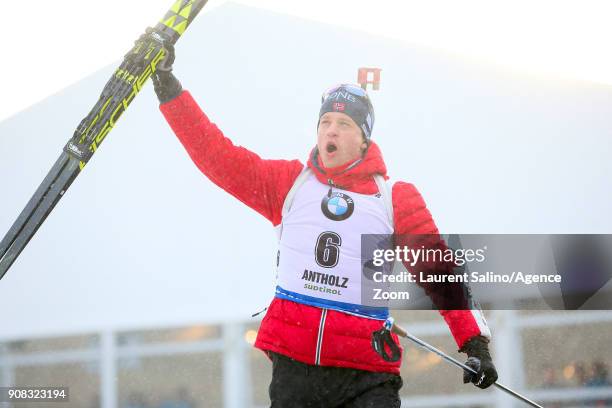 Tarjei Boe of Norway takes 2nd place during the IBU Biathlon World Cup Men's and Women's Mass Start on January 21, 2018 in Antholz-Anterselva, Italy.