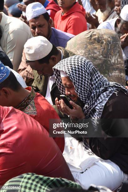 Bangladeshi Muslim devotees take part in Akheri Munajat, or final prayers of second phase, at the Biswa Ijtema or World Muslim Congregation, at...