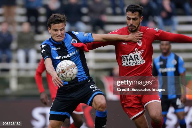 Jelle Vossen of Club Brugge, Matheus of Royal Antwerp FC during the Belgium Pro League match between Royal Antwerp v Club Brugge at the Bosuil...