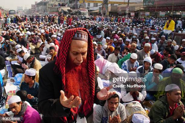 Bangladeshi Muslim devotees take part in Akheri Munajat, or final prayers of second phase, at the Biswa Ijtema or World Muslim Congregation, at...