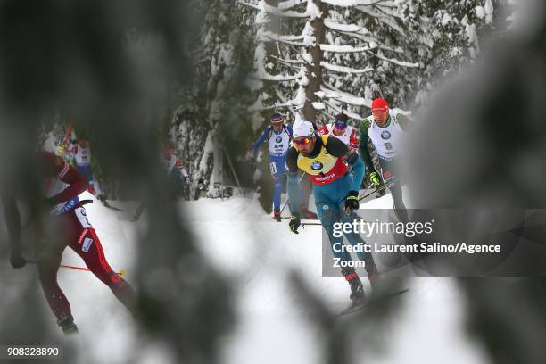 Martin Fourcade of France takes 1st place during the IBU Biathlon World Cup Men's and Women's Mass Start on January 21, 2018 in Antholz-Anterselva,...