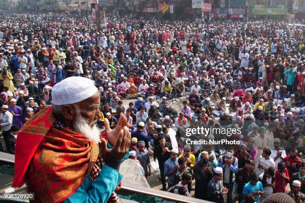 Bangladeshi Muslim devotees take part in Akheri Munajat, or final prayers of second phase, at the Biswa Ijtema or World Muslim Congregation, at...