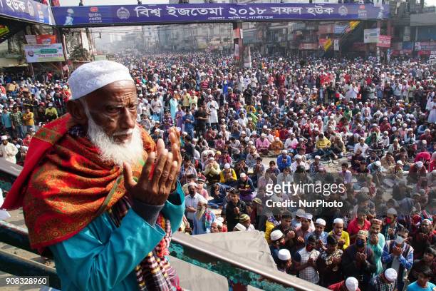 Bangladeshi Muslim devotees take part in Akheri Munajat, or final prayers of second phase, at the Biswa Ijtema or World Muslim Congregation, at...