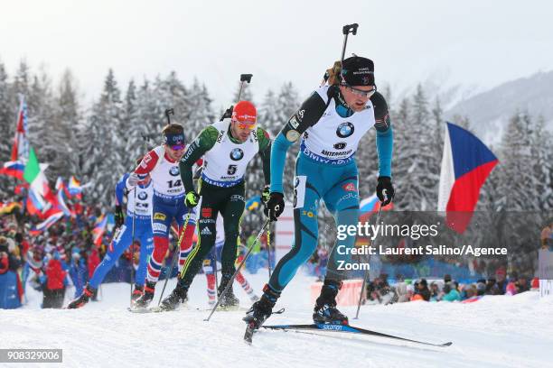 Simon Desthieux of France competes, Arnd Peiffer of Germany competes, Emil Hegle Svendsen of Norway competes during the IBU Biathlon World Cup Men's...