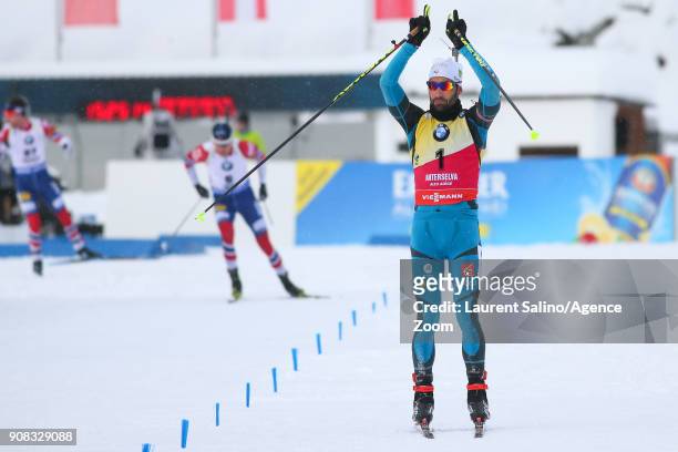 Martin Fourcade of France takes 1st place during the IBU Biathlon World Cup Men's and Women's Mass Start on January 21, 2018 in Antholz-Anterselva,...