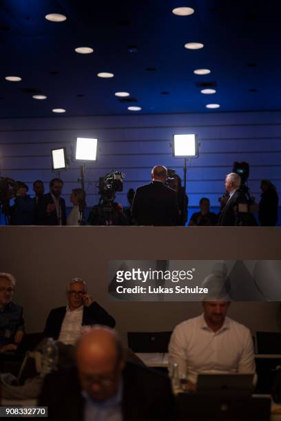 Martin Schulz, head of the German Social Democrats , gives interviews after winning the voting after the SPD federal congress on January 21, 2018 in...