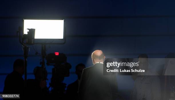 Martin Schulz, head of the German Social Democrats , gives interviews after winning the voting after the SPD federal congress on January 21, 2018 in...