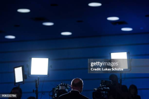 Martin Schulz, head of the German Social Democrats , gives interviews after winning the voting after the SPD federal congress on January 21, 2018 in...