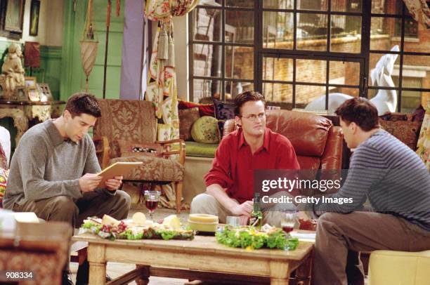 Actors, left to right; David Schwimmer as Ross Geller, Matthew Perry as Chandler Bing and Matt LeBlanc as Joey Tribbiani star in NBC's comedy series...