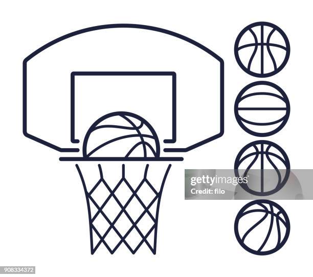 ilustraciones, imágenes clip art, dibujos animados e iconos de stock de símbolos de línea de baloncesto - canasta de baloncesto