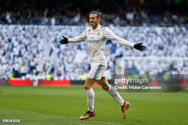 Gareth Bale of Real Madrid celebrates after scoring his team's second goal during the La Liga match between Real Madrid and Deportivo La Coruna at...
