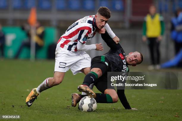 Konstantinos Tsimikas of Willem II, Jesper Drost of FC Groningen during the Dutch Eredivisie match between Willem II v FC Groningen at the Koning...