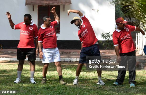 War disabled retired Army Personnel of War Wounded Foundation and Participants warm up for forthcoming Marathon at Colaba on January 20, 2018 in...