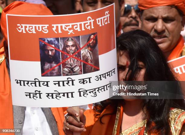 Activists of Akhand Rashtrawadi Party shouts slogans to demand ban on Bollywood movie Padmavat at Azad Maidain on January 20, 2018 in Mumbai, India.