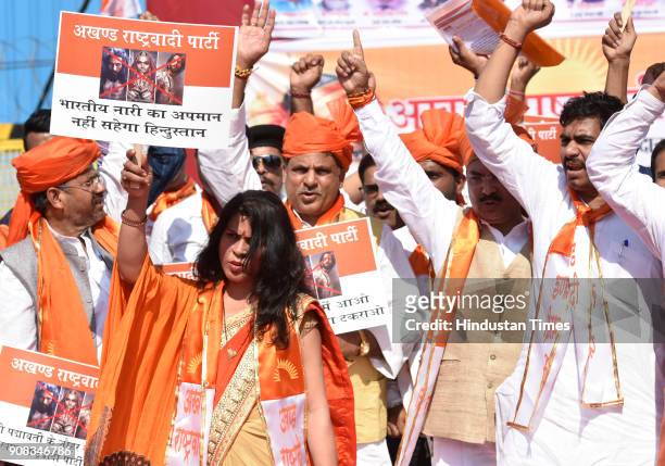 Activists of Akhand Rashtrawadi Party shouts slogans to demand ban on Bollywood movie Padmavat at Azad Maidain on January 20, 2018 in Mumbai, India.