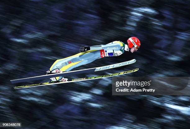 Richard Freitag of Germany soars through the air during his first competition jump of the Flying Hill Team competition of the Ski Flying World...