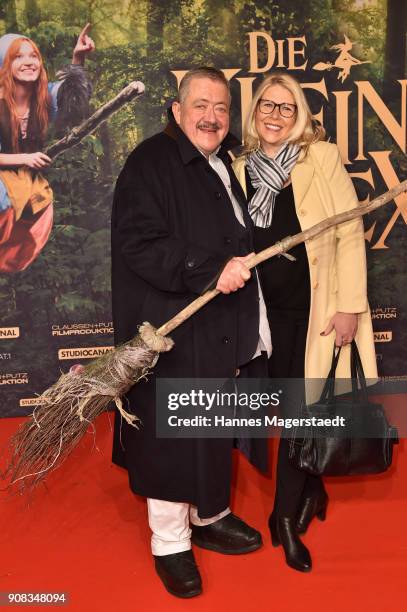 Joseph Hannesschlaeger and his partner Bettina Geyerduring the 'Die kleine Hexe' premiere at Mathaeser Filmpalast on January 21, 2018 in Munich,...