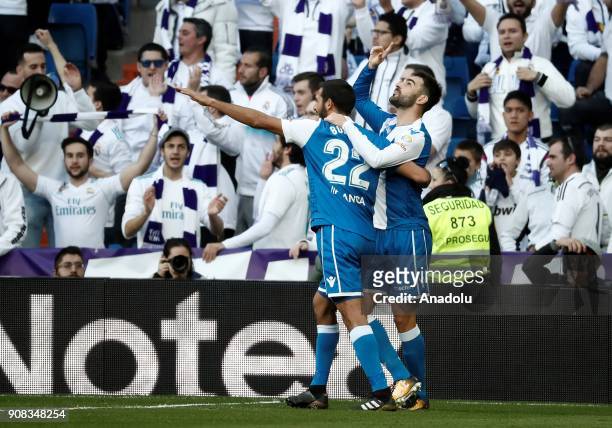 Adrian of Deportivo La Coruna celebrates after scoring a goal during the La Liga match between Real Madrid and Deportivo La Coruna at Santiago...