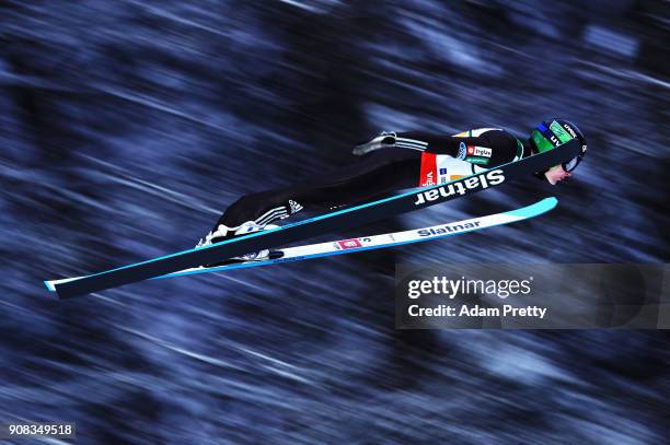 Domen Prevc of Slovenia soars through the air during his first competition jump of the Flying Hill Team competition of the Ski Flying World...