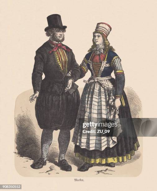 dutch costume (marken), 19th century, hand-colored wood engraving, published c.1880 - bloomers stock illustrations