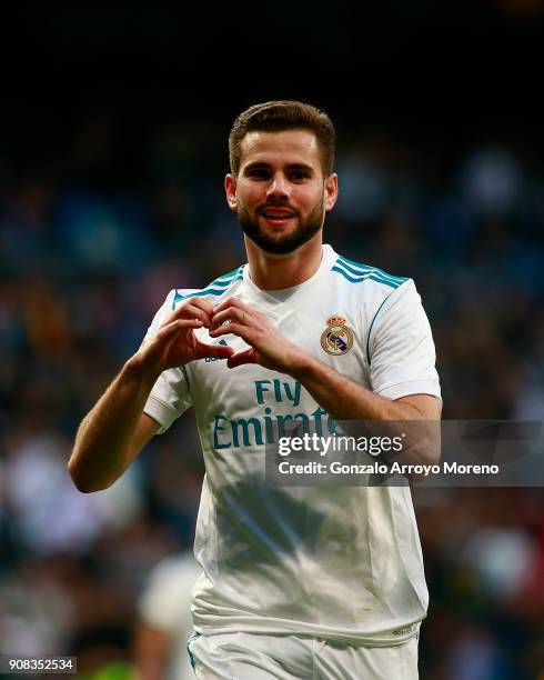 Nacho Fernandez of Real Madrid CF celebrates scoring their seventh goal during the La Liga match between Real Madrid CF and Deportivo La Coruna at...