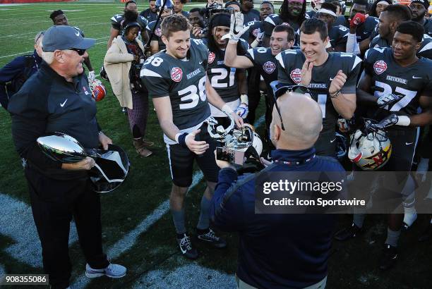 National Team defensive back Troy Apke from Penn State Nittany Lions receives the game MVP award after the National Team defeated the American Team...