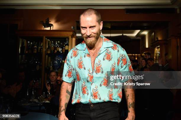 Designer Justin O'Shea arrives on the runway during the SSS World Corp X Wes Lang Menswear Fall/Winter 2018-2019 show as part of Paris Fashion Week...