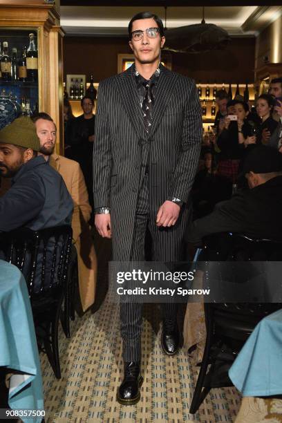 Model walks the runway during the SSS World Corp X Wes Lang Menswear Fall/Winter 2018-2019 show as part of Paris Fashion Week at Caviar Kaspia on...