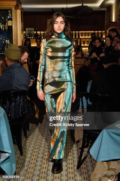 Model walks the runway during the SSS World Corp X Wes Lang Menswear Fall/Winter 2018-2019 show as part of Paris Fashion Week at Caviar Kaspia on...