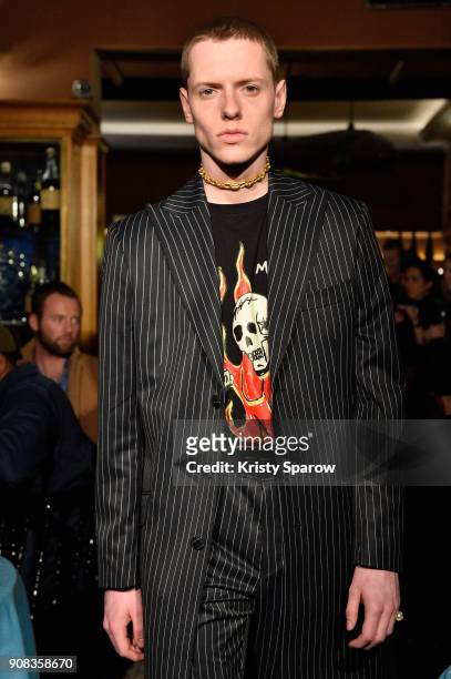 Model walks the runway during the SSS World Corp X Wes Lang Menswear Fall/Winter 2018-2019 show as part of Paris Fashion Week at Caviar Kaspia on...