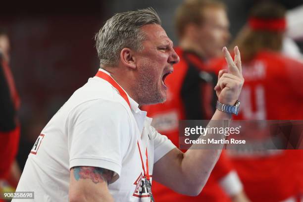 Head coach Nikolaj Bredahl Jacobsen of Denmark reacts during the Men's Handball European Championship main round group 2 match between Germany and...