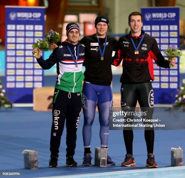 Jan Smeekens of the Netherlands poses during the medal ceremony after winning the 2nd place, Havard Holmefjord Lorentzen of Norway poses during the...