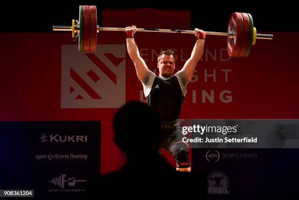 Cameron Lodge competes in the 85 kg class English Weightlifting Championships on January 21, 2018 in Milton Keynes, England.