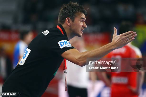 Head coach Christian Prokop of Germany reacts during the Men's Handball European Championship main round group 2 match between Germany and Denmark at...