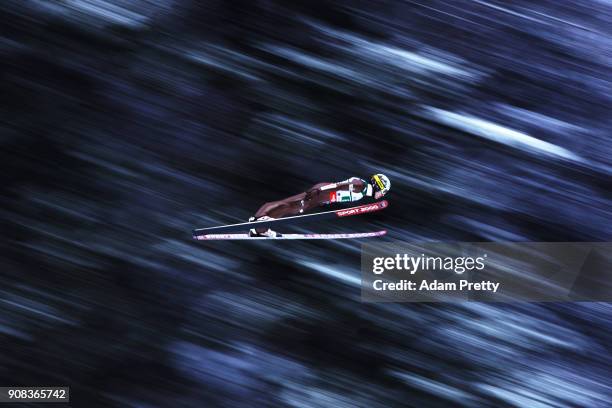 Stefan Hula of Poland soars through the air during his first competition jump of the Flying Hill Team competition of the Ski Flying World...