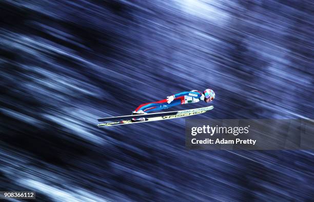 Killian Peier of Switzerland soars through the air during his first competition jump of the Flying Hill Team competition of the Ski Flying World...
