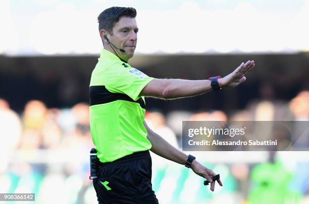 Referee Gianluca Rocchi gestures during the serie A match between Hellas Verona FC and FC Crotone at Stadio Marc'Antonio Bentegodi on January 21,...