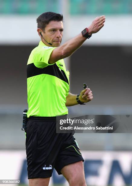 Referee Gianluca Rocchi gestures during the serie A match between Hellas Verona FC and FC Crotone at Stadio Marc'Antonio Bentegodi on January 21,...