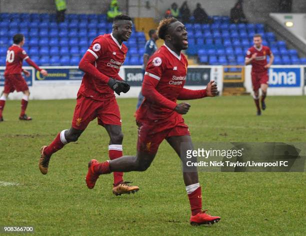 Bobby Adekanye of Liverpool celebrates scoring his second goal of the game during the Liverpool U23 v Charlton Athletic U23 Premier League Cup game...