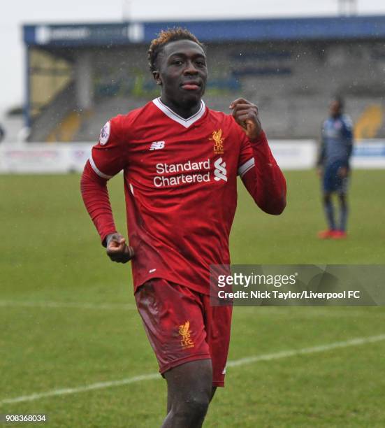Bobby Adekanye of Liverpool celebrates scoring his second goal of the game during the Liverpool U23 v Charlton Athletic U23 Premier League Cup game...